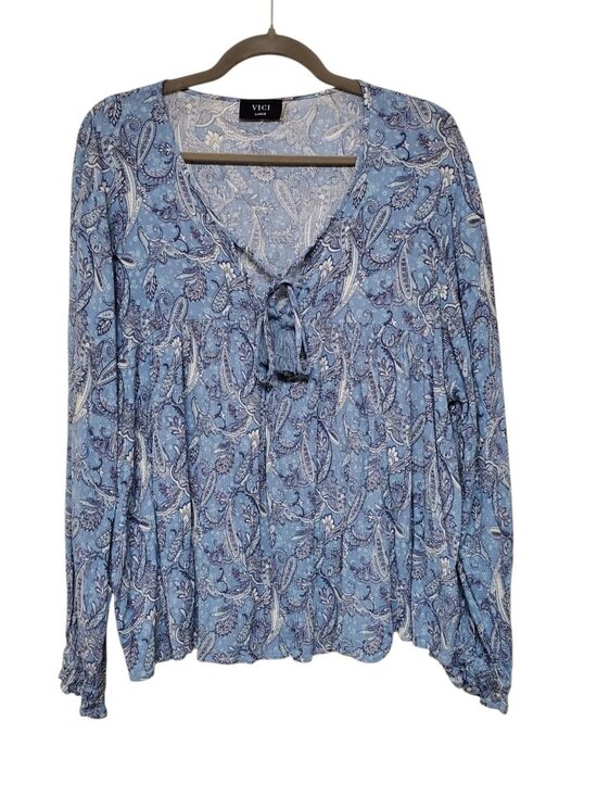Vici Tops - Vici Women's Light Blue Boho Paisley Tie Neck Crinkle Peasant Top Whimsy L